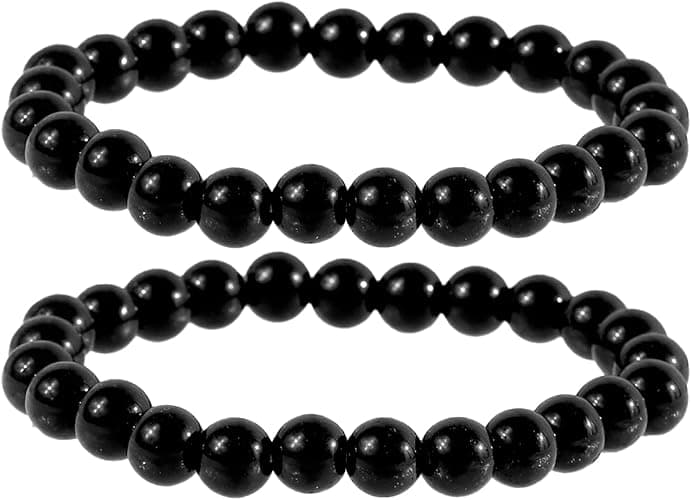 2 pulseras de piedra Shungita, pulseras elásticas de cristal con cuentas negras para hombres y mujeres